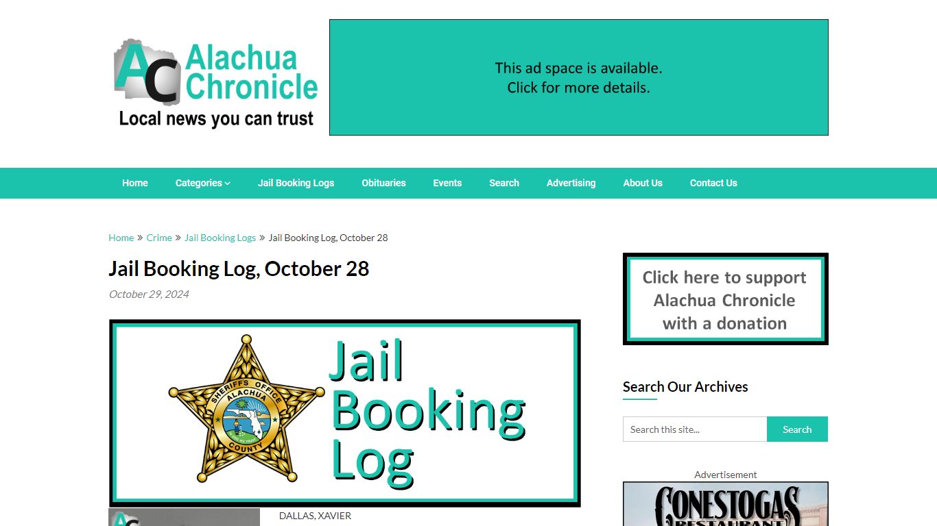 Jail Booking Log, October 28 - Alachua Chronicle