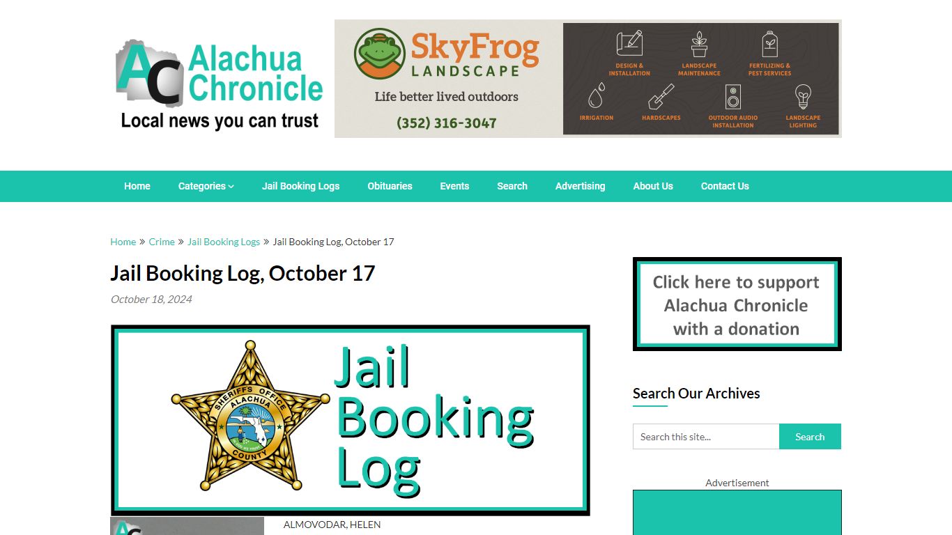 Jail Booking Log, October 17 - Alachua Chronicle